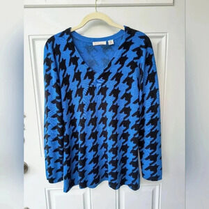 Luxe by Designers Originals Blue/Black Houndstooth V Neck Lightweight Sweater, M
